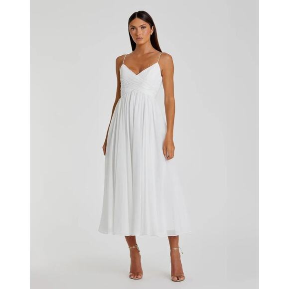 Mac Duggal White Faux Wrap Sleeveless Flowy Midi Dress – Size Small NWT - Picture 1 of 10